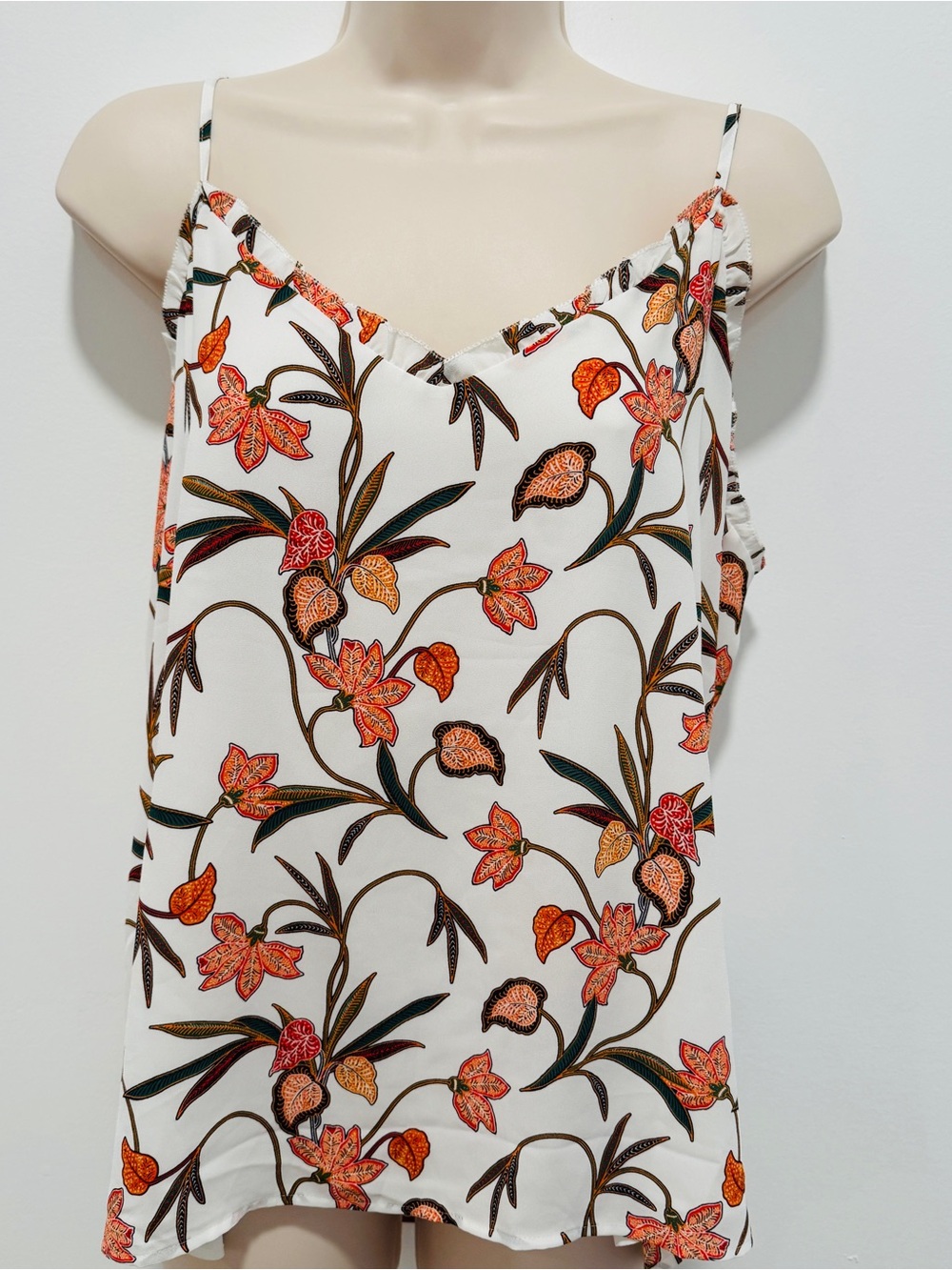 LOFT White Floral Spaghetti-Strap Cami with Orange and Green Print